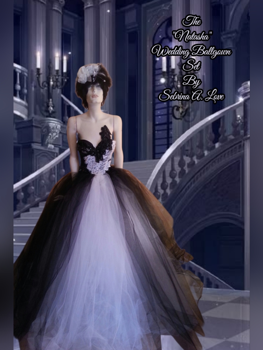 NATASHA (Custom Order) Black & White Tulle Crystal Wedding Gown